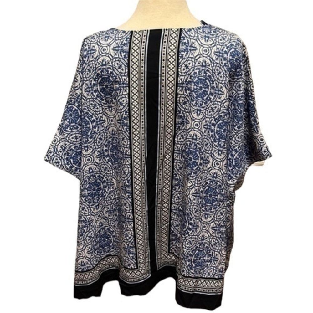 Medallion Print Kaftan Tunic Blouse Blue White1X Kimono Top #24